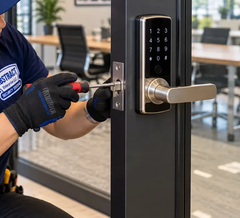 Keypad lever lock on a glass-framed office door - Park Slope Brooklyn practice entrance Fitting a keypad lever lock to a glass-framed office door, garden-floor practice keyless entry in Park Slope Brooklyn