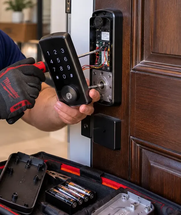 Smart lock keypad module service - Park Slope Brooklyn repair visit Servicing the wiring of an outside keypad module on a wood door, smart lock repair in Park Slope Brooklyn
