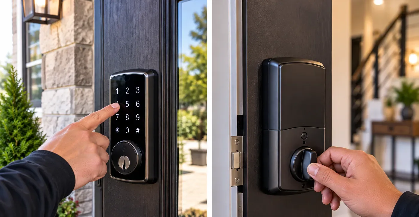 Keypad outside, thumb-turn inside: the two faces of one smart deadbolt - Park Slope Brooklyn keyless exit Outside keypad and inside thumb-turn of the same smart deadbolt, keyless exit for a Park Slope Brooklyn day care or home office door