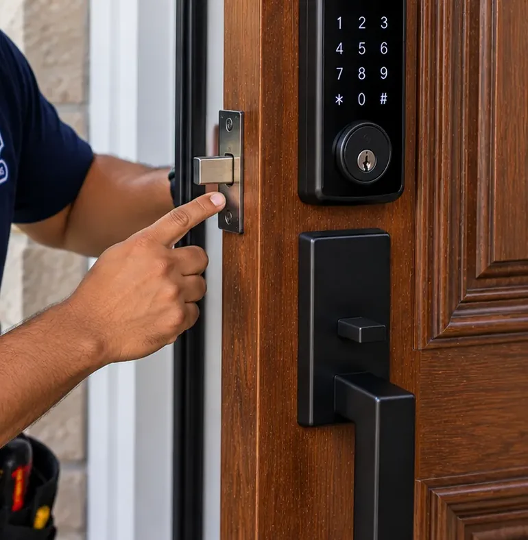 Checking latch bolt alignment on a new keypad smart lock - Park Slope Brooklyn Checking a smart deadbolt latch bolt on the door edge, keypad above and lever below, Park Slope Brooklyn installation