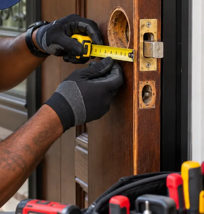 Measuring an existing lock bore and backset on an old wood door - Park Slope Brooklyn Measuring the backset of an old lock bore on a wood door edge before a Park Slope Brooklyn smart lock installation