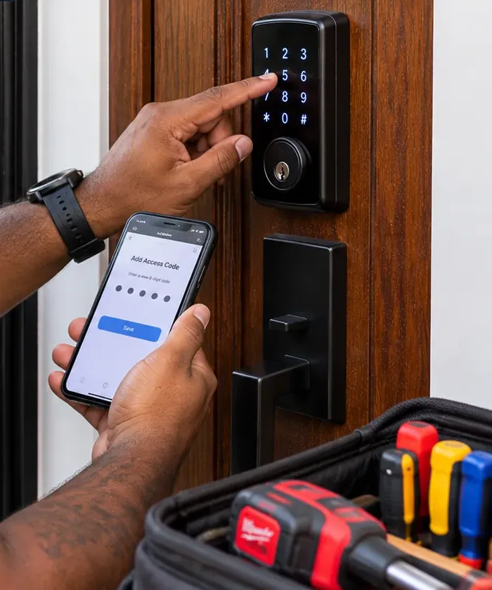 Programming a scheduled access code on a smart lock - Park Slope Brooklyn Adding an access code on a phone while testing it on the keypad of a smart deadbolt, Park Slope Brooklyn