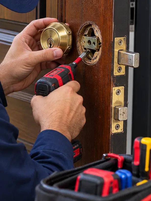 Taking out an old brass deadbolt before a smart deadbolt goes in - Park Slope Brooklyn Removing an old brass deadbolt cylinder from a wood door during smart lock installation in Park Slope Brooklyn