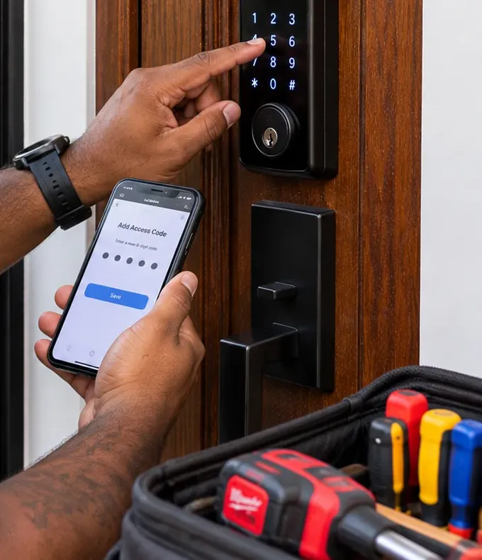 Adding an access code in the app at the keypad, Pelham Bay Bronx smart lock One hand pressing a lit keypad deadbolt while the other holds a phone showing an Add Access Code screen, programming a visitor code for a Pelham Bay Bronx home