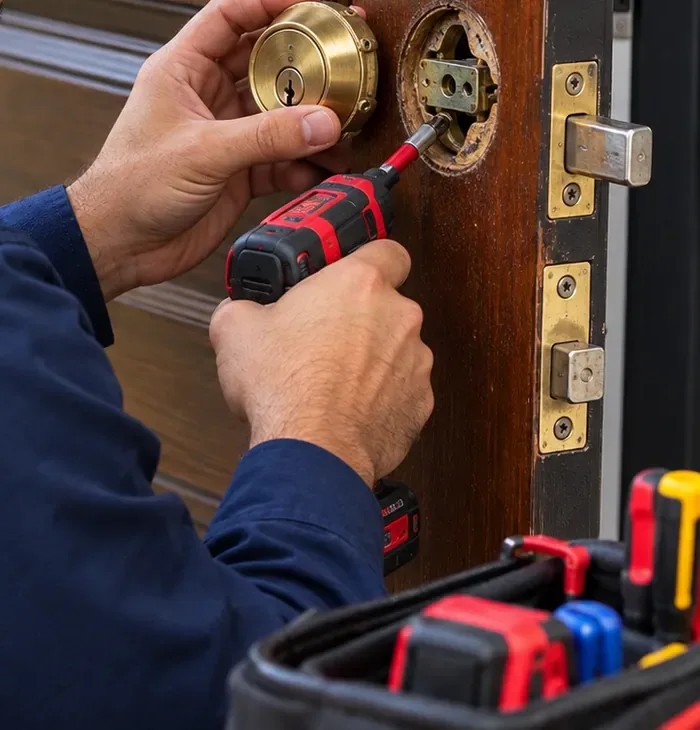 Old brass deadbolt coming off a wood door ahead of a Pelham Bay Bronx smart lock Hand lifting an old brass deadbolt cylinder from a wood door while a red cordless driver backs out its screws, removing a lock before a Pelham Bay Bronx smart lock