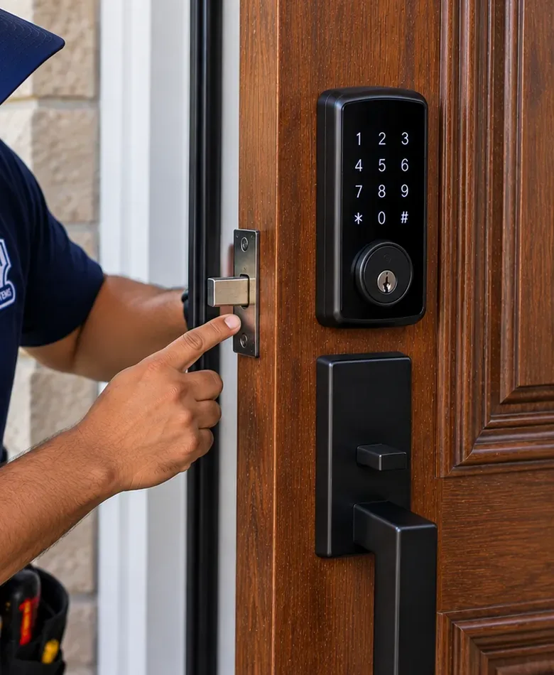 Testing the latch at the door edge under a keypad deadbolt, Pelham Bay Bronx Finger testing the latch at the edge of a wood door fitted with a black keypad deadbolt and handleset, checking self-latching on a Pelham Bay Bronx smart lock