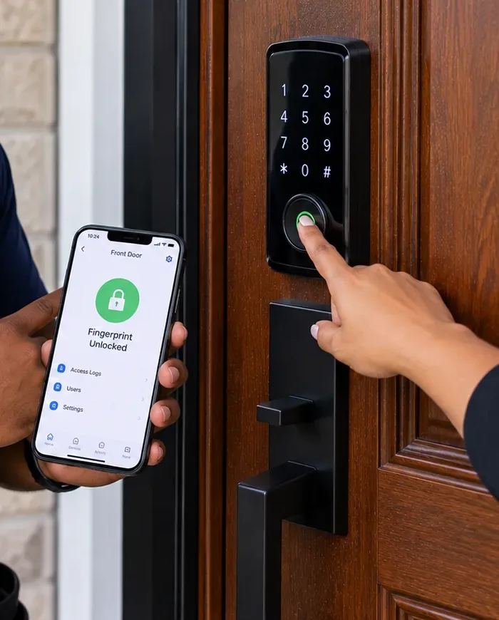 Fingerprint unlock confirmed on a phone beside a keypad deadbolt, Pelham Bay Bronx Finger on the fingerprint sensor of a keypad deadbolt while a phone in another hand reads Fingerprint Unlocked, Pelham Bay Bronx smart lock test
