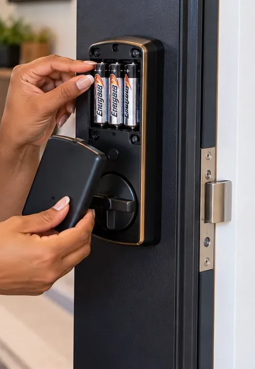 Four AA batteries in a smart deadbolt interior unit, Pelham Bay Bronx smart lock Hands sliding a cover off the interior unit of a smart deadbolt to show four AA batteries in their holder, battery service for a Pelham Bay Bronx smart lock