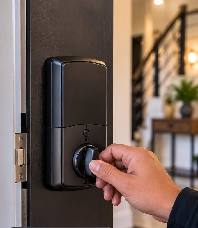 Inside thumb-turn of a smart deadbolt being turned by hand, Pelham Bay Bronx Hand turning the inside thumb-turn on the interior unit of a black smart deadbolt fitted to a dark door, Pelham Bay Bronx smart lock
