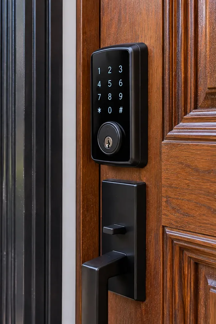 Keypad smart deadbolt over a black handleset on a wood door, Pelham Bay Bronx smart lock installation Close view of a black touchscreen keypad deadbolt with key cylinder above a black lever handleset on a raised-panel wood door, Pelham Bay Bronx smart lock reference