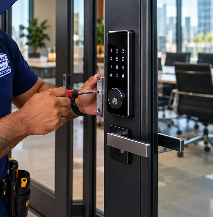 Keypad deadbolt being fitted to a black-framed glass office door, Pelham Bay Bronx business smart lock Screwdriver fastening a faceplate on the edge of a black-framed glass office door with a keypad deadbolt and lever, business smart lock work in Pelham Bay Bronx