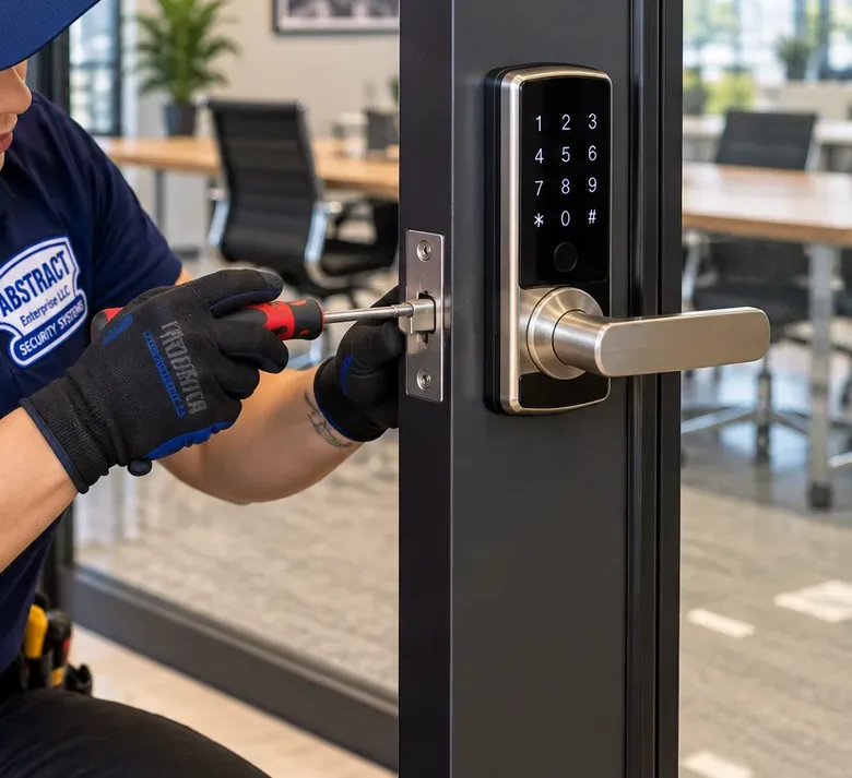Keypad lever latch being tightened on a glass door, Pelham Bay Bronx smart lock Gloved hands tightening the latch of a brushed-nickel keypad lever lock on a black-framed glass door, office smart lock fitting in Pelham Bay Bronx