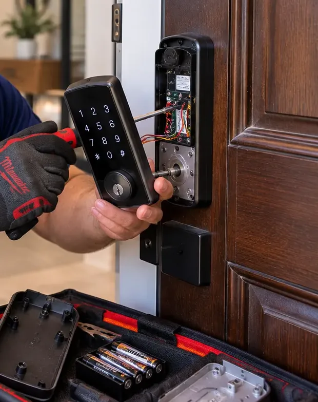 Keypad deadbolt pulled from the door to check its wiring, Pelham Bay Bronx smart lock service Gloved hands holding a keypad deadbolt's outside unit away from a wood door to inspect its wiring and connector, service work on a Pelham Bay Bronx smart lock