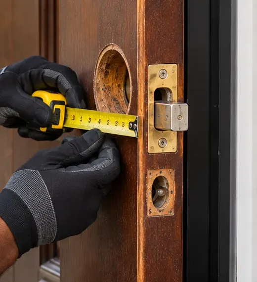 Tape measure across a worn deadbolt bore before a Pelham Bay Bronx smart lock Gloved hands stretching a yellow tape measure across a worn, oversized deadbolt bore beside a brass latch plate, sizing a door for a Pelham Bay Bronx smart lock