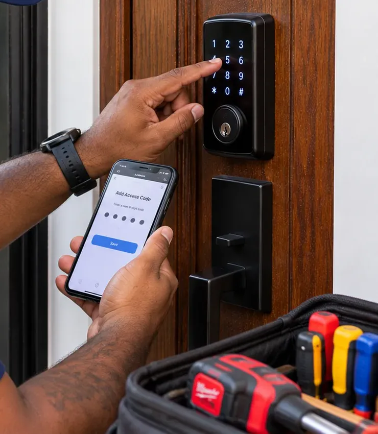 Adding a named access code at the keypad and in the app, Riverdale Bronx Finger entering digits on a keypad smart deadbolt while a phone shows an Add Access Code screen, smart lock code setup in Riverdale, Bronx