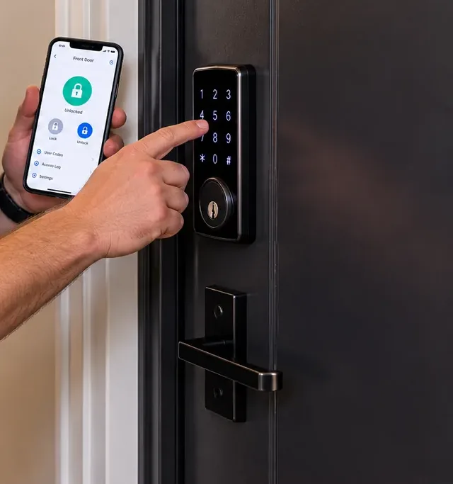 Keypad and app check on an apartment hallway door, Riverdale Bronx smart lock installation Finger pressing the keypad of a black smart deadbolt on a dark apartment door while the other hand holds the lock app, smart lock installation in Riverdale, Bronx
