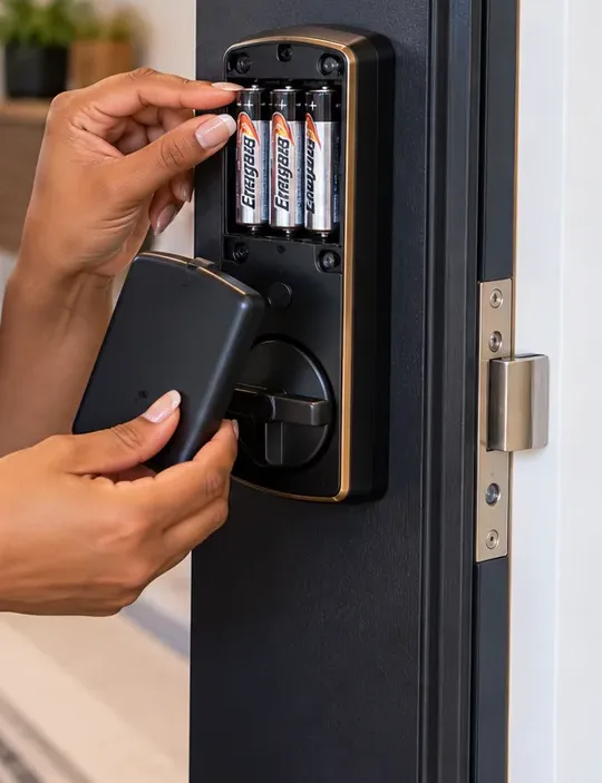 Battery change in a smart lock interior unit, Riverdale Bronx service visit Fresh AA batteries being seated in the interior unit of a smart lock on a dark door during a service call in Riverdale, Bronx