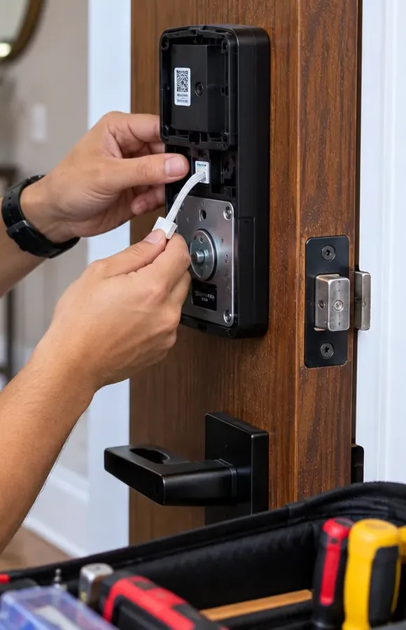 Connecting the interior unit cable of a smart deadbolt, Riverdale Bronx Hands seating the ribbon cable into the interior unit of a smart deadbolt on a wood door, smart lock installation in Riverdale, Bronx