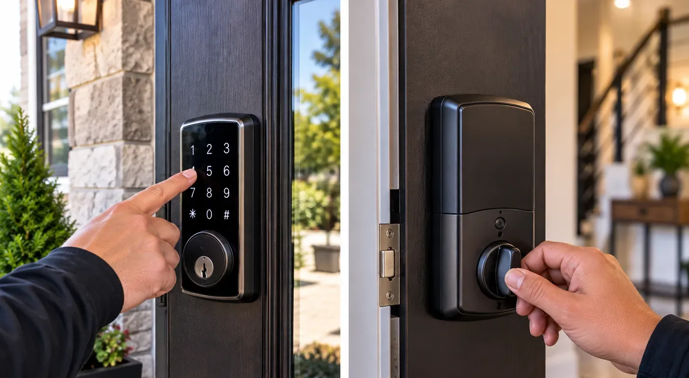 Outside keypad and inside thumb-turn of the same smart deadbolt, Riverdale Bronx Side-by-side views of one smart deadbolt, keypad outside and thumb-turn inside, on a dark door in a Riverdale, Bronx installation