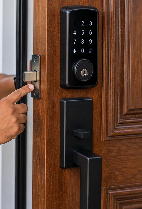 Checking latch and strike alignment under a keypad deadbolt, Riverdale Bronx Finger pressing the latch on the edge of a wood door below a keypad smart deadbolt to check alignment, Riverdale, Bronx smart lock installation