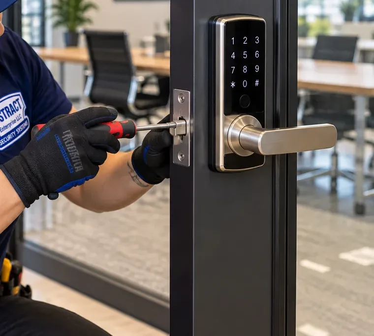 Fastening the latch plate for a lever keypad lock on a glass office door, Riverdale Bronx Gloved hands tightening the latch plate beside a lever keypad lock on an aluminum-framed glass office door, business smart lock in Riverdale, Bronx