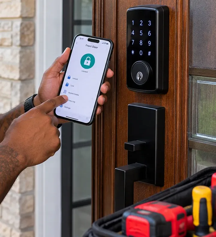 Locked status confirmed in the app next to a keypad deadbolt, Riverdale Bronx Phone showing a Locked status beside a keypad smart deadbolt on a stained wood front door, Riverdale Bronx smart lock check