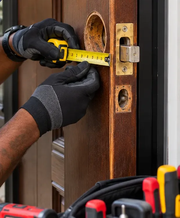 Measuring an old deadbolt bore and backset on a wood door, Riverdale Bronx Gloved hands measuring from an old deadbolt bore to the edge of a weathered wood door with a yellow tape, smart lock preparation in Riverdale, Bronx
