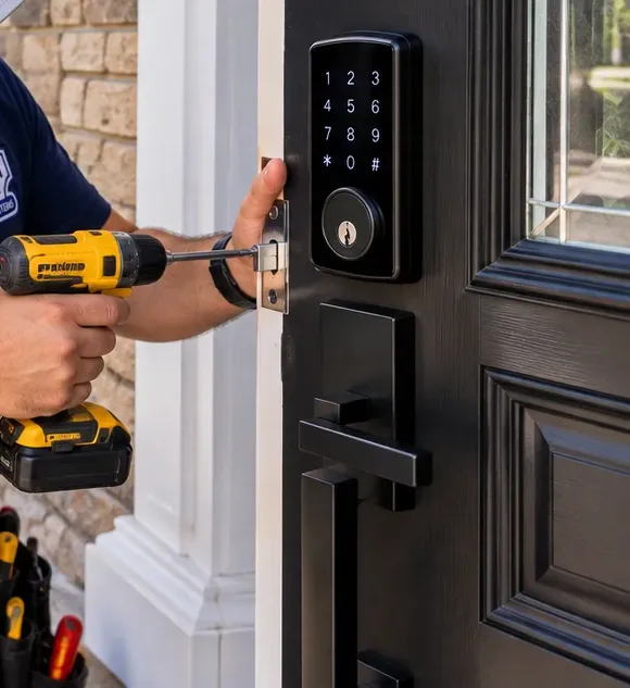 Driving latch plate screws under a keypad deadbolt on a house door, Riverdale Bronx Cordless drill driving a screw into the latch plate below a keypad smart deadbolt on a black house front door, smart lock installation in Riverdale, Bronx