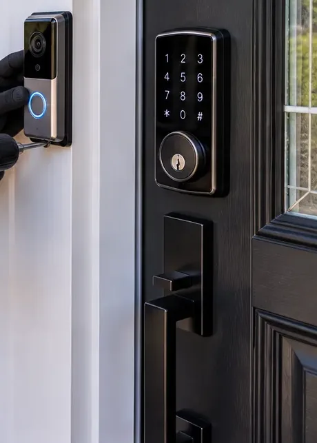 Video doorbell fitted beside a keypad deadbolt at a house entrance, Riverdale Bronx Gloved hand fastening a video doorbell to white trim beside a keypad smart deadbolt on a black front door, Riverdale, Bronx house entrance