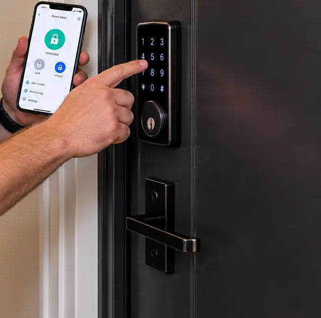 Apartment-door keypad smart lock checked against the phone app, St. George Staten Island Pressing the keypad of a smart lock on a dark apartment door while a phone app shows it unlocked, for St. George, Staten Island apartment residents