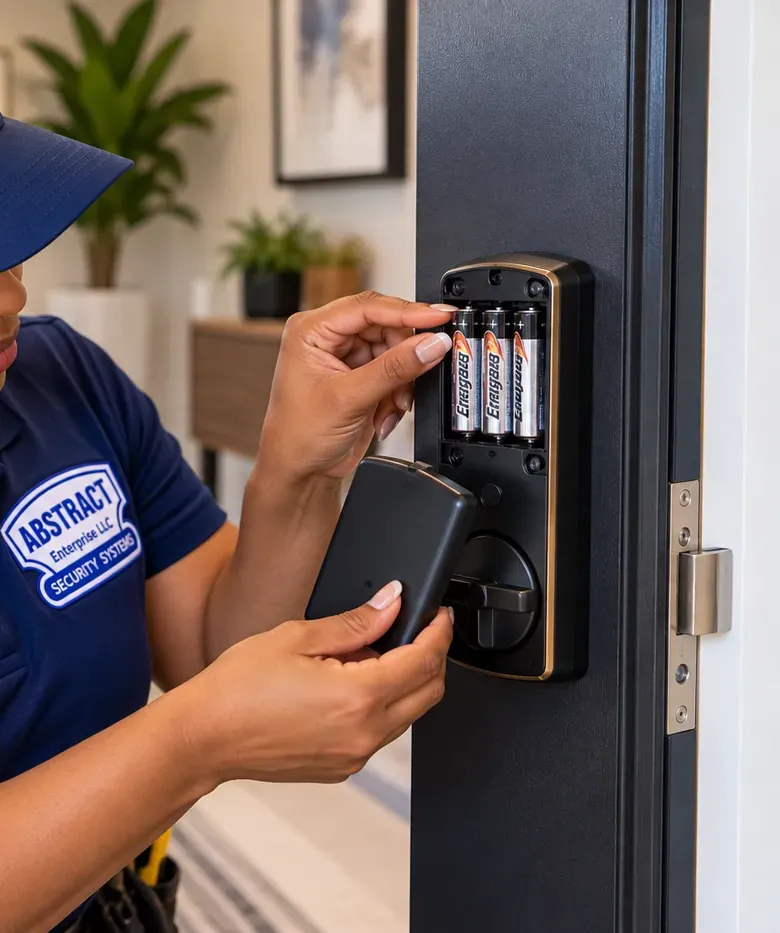 Changing the battery pack inside a smart lock's interior unit, St. George Staten Island repair Smart lock repair in St. George, Staten Island: technician lifting the cover off the interior unit to change a four-battery pack on a dark door