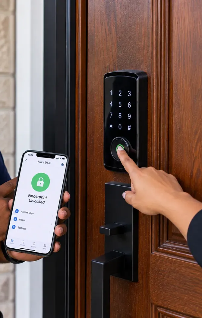 Fingerprint sensor on a keypad smart deadbolt confirmed in the app, St. George Staten Island Fingerprint smart lock check for a St. George, Staten Island household: a finger on the keypad sensor while a phone shows the unlock