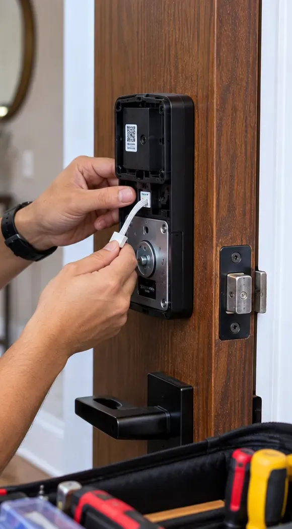 Keypad cable threaded through a smart lock mounting plate, St. George Staten Island Threading the keypad's flat cable through the interior mounting plate of a smart deadbolt on a wood door, St. George, Staten Island installation