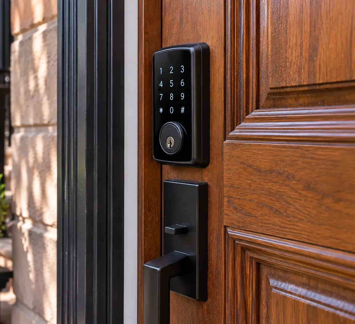 Keypad smart deadbolt on a panelled wood door, St. George Staten Island smart lock installation Smart lock installation in St. George, Staten Island: black keypad smart deadbolt and lever handle on a stained, panelled wood front door beside a stone wall