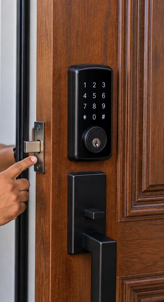 Latch alignment test at the door edge under a keypad smart deadbolt, St. George Staten Island Finger testing the latch at the edge of a stained wood door fitted with a keypad smart deadbolt, St. George, Staten Island