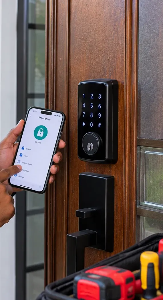 Phone app showing a locked status beside a keypad smart deadbolt, St. George Staten Island Checking a keypad smart lock's locked status on a phone app at a wood door, St. George, Staten Island smart lock setup