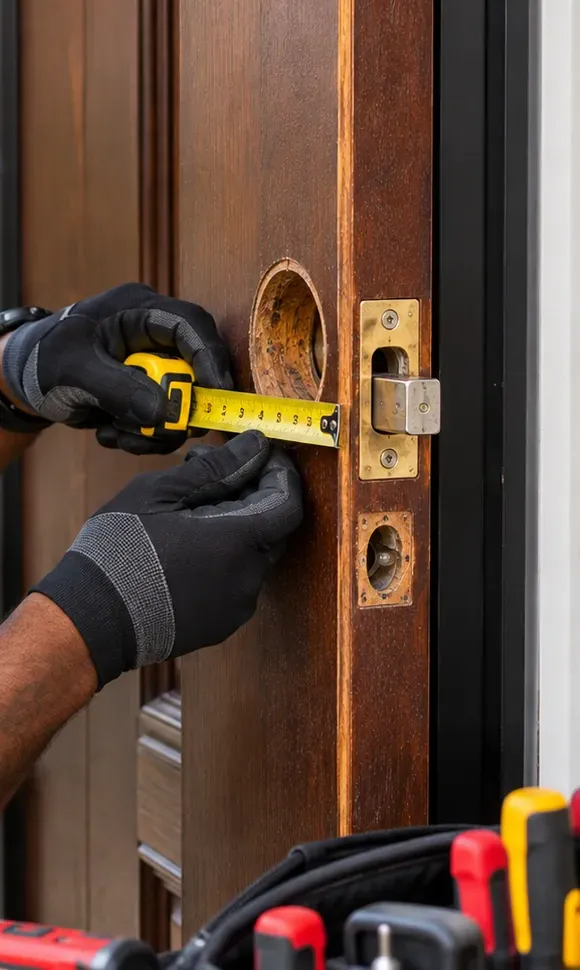 Measuring an empty deadbolt bore on a wood door, smart lock planning in St. George Staten Island Gloved hands measuring across an empty deadbolt bore on a wood door edge before a St. George, Staten Island smart lock is chosen
