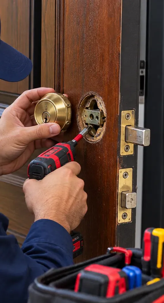 Old brass deadbolt being removed with a cordless driver, St. George Staten Island smart lock preparation Unscrewing an old brass deadbolt from a wood door with a cordless driver before a smart lock installation in St. George, Staten Island