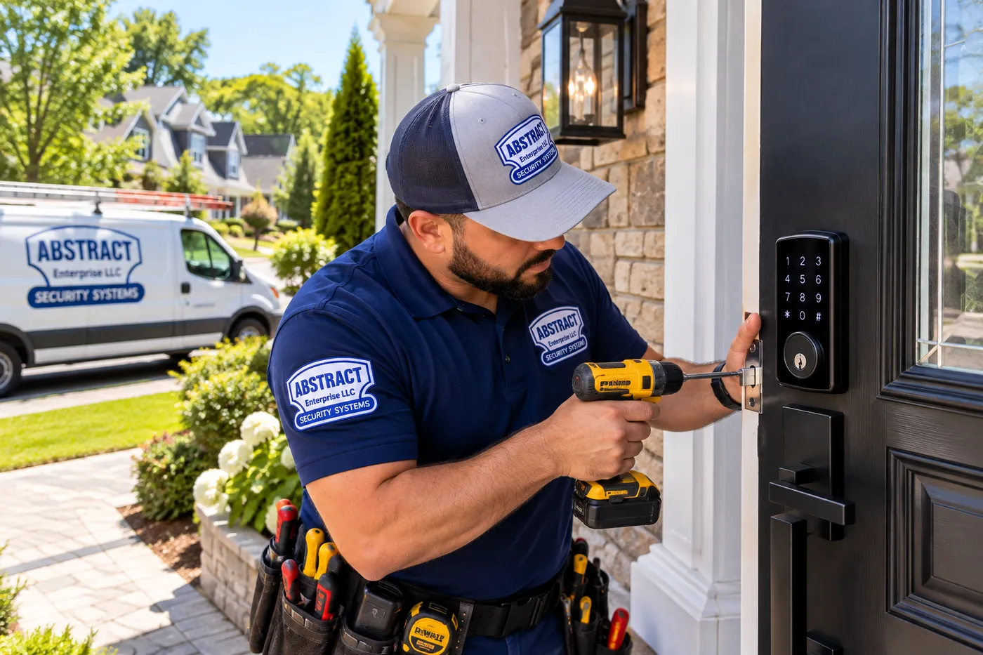 Fastening the strike for a keypad smart deadbolt with the AESS van outside, Throgs Neck Bronx smart lock installation AESS technician fastening the strike beside a black keypad smart deadbolt on a front door, service van parked behind, smart lock installation in Throgs Neck, Bronx