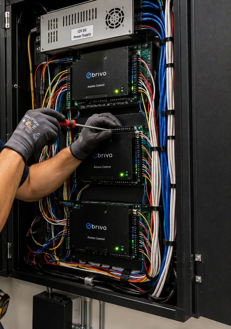 Technician hands with a screwdriver at access control boards inside a wall cabinet under a 12-volt power supply, Tottenville, Staten Island smart lock guide