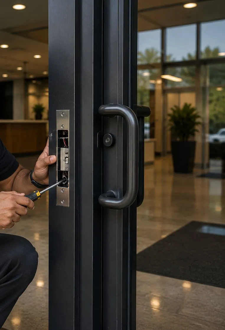 Electric strike being fitted into a black aluminium door frame beside a pull handle, smart lock installation reference for Tottenville, Staten Island shops