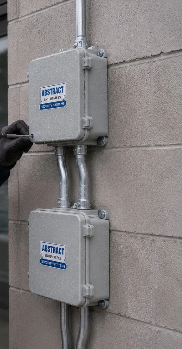 Two grey exterior junction boxes joined by metal conduit on a concrete block wall, Tottenville, Staten Island smart lock wiring reference