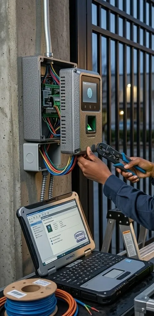 Wall-mounted fingerprint and keypad reader beside an open junction box at a metal gate, a hand with a crimping tool and a laptop below, Tottenville, Staten Island