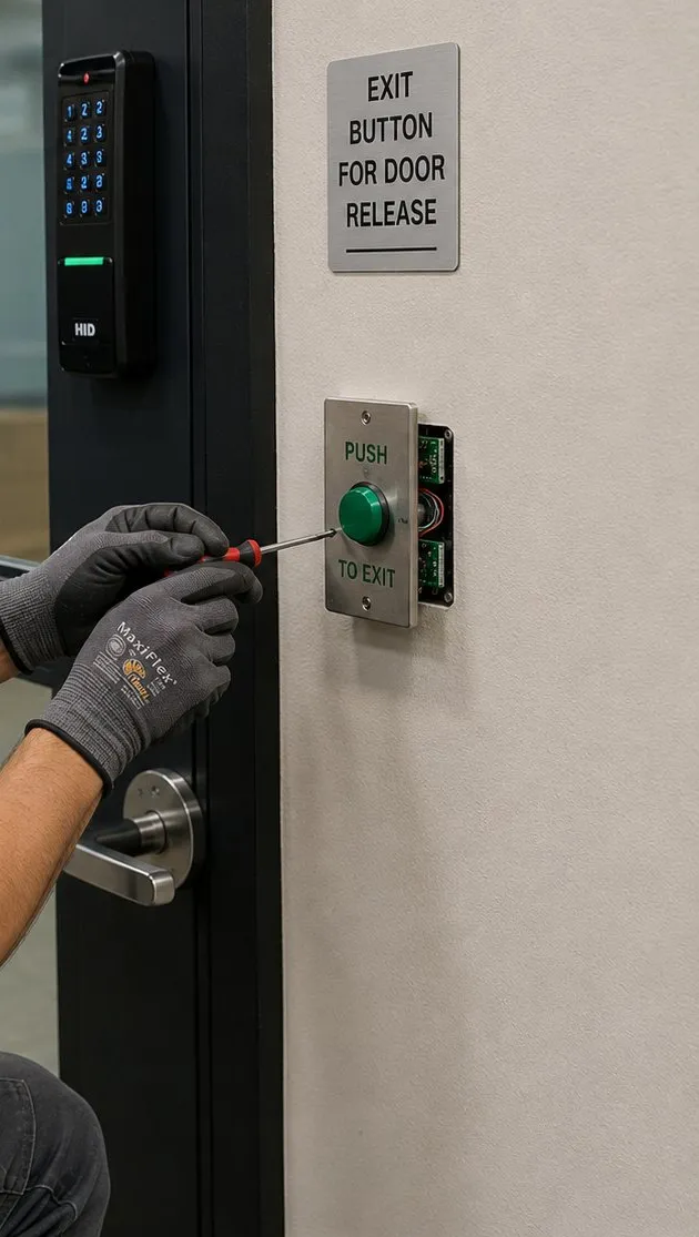 Smart lock installation guide, Tottenville, Staten Island: gloved hand with a screwdriver at a green push-to-exit button below an exit-button sign, with a keypad reader on the door frame