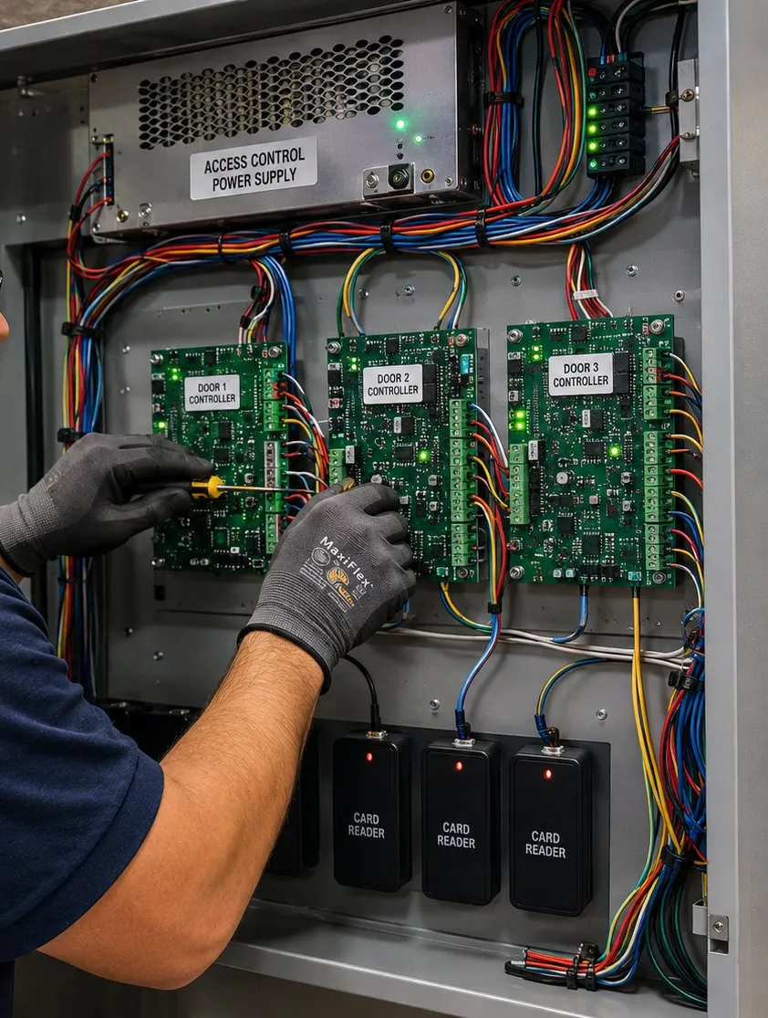 Gloved hands working on three door controller boards inside an access control enclosure with three card readers mounted below, Tottenville, Staten Island