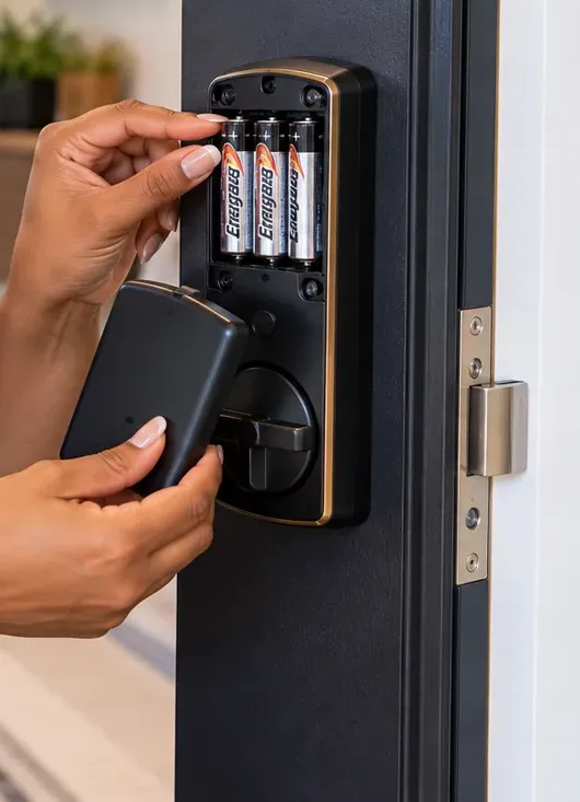 AA batteries fitted into a smart deadbolt's interior housing – Tribeca, Manhattan Hands fitting AA batteries into the interior housing of a smart deadbolt with the cover held aside, Tribeca Manhattan smart lock maintenance