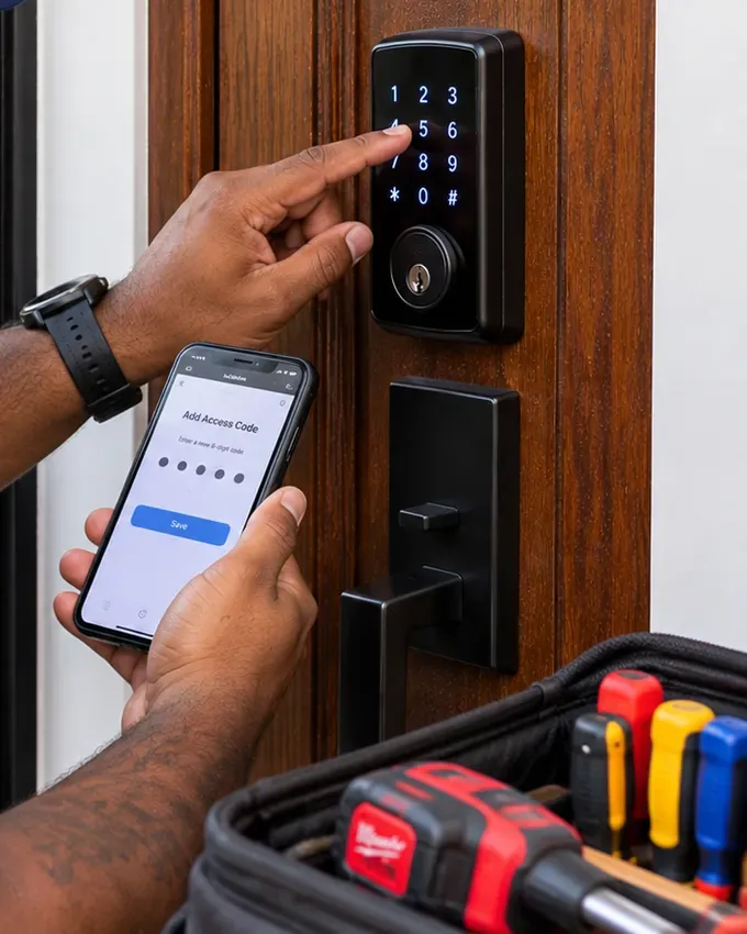New access code entered at a keypad deadbolt with the phone app open – Tribeca, Manhattan Technician pressing a smart deadbolt keypad while an Add Access Code screen is open on a phone, Tribeca Manhattan smart lock programming