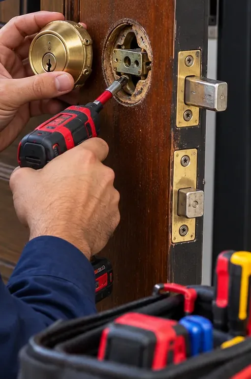 Old brass deadbolt being taken out of a wood door – Tribeca smart lock replacement, Manhattan Hands removing an old brass deadbolt from a wood door with a red cordless driver beside the open bore, Tribeca Manhattan smart lock replacement