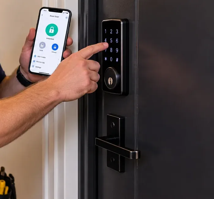 Keypad smart deadbolt tested on a dark unit door in a building corridor – Tribeca, Manhattan Installer pressing the keypad of a smart deadbolt on a dark apartment door in a hallway while checking the lock app on a phone, Tribeca Manhattan smart lock installation