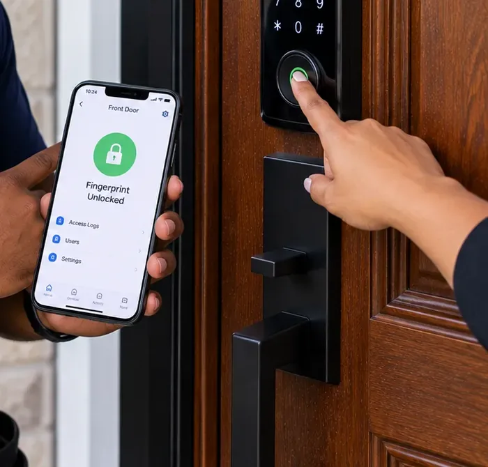 Fingerprint unlock confirmed on a phone beside a keypad smart deadbolt – Tribeca, Manhattan Finger on the fingerprint sensor of a keypad smart deadbolt while a phone shows Fingerprint Unlocked, Tribeca Manhattan smart lock handover
